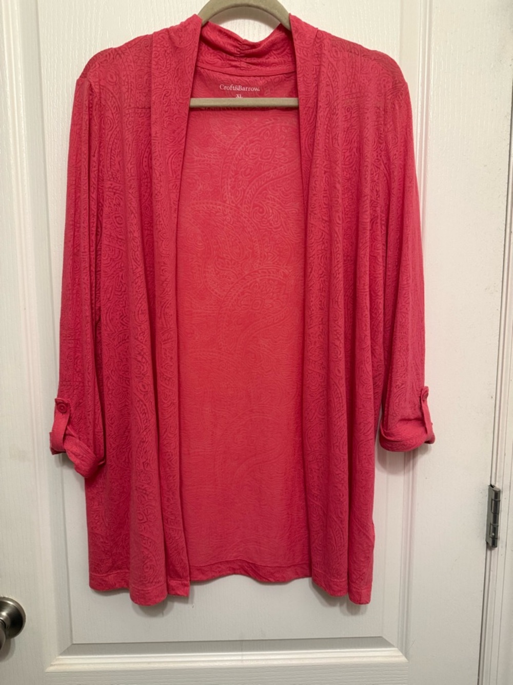 Croft & Barrow Women's XL Cardigan Sweater Coral Pink Lightweight Paisley XL